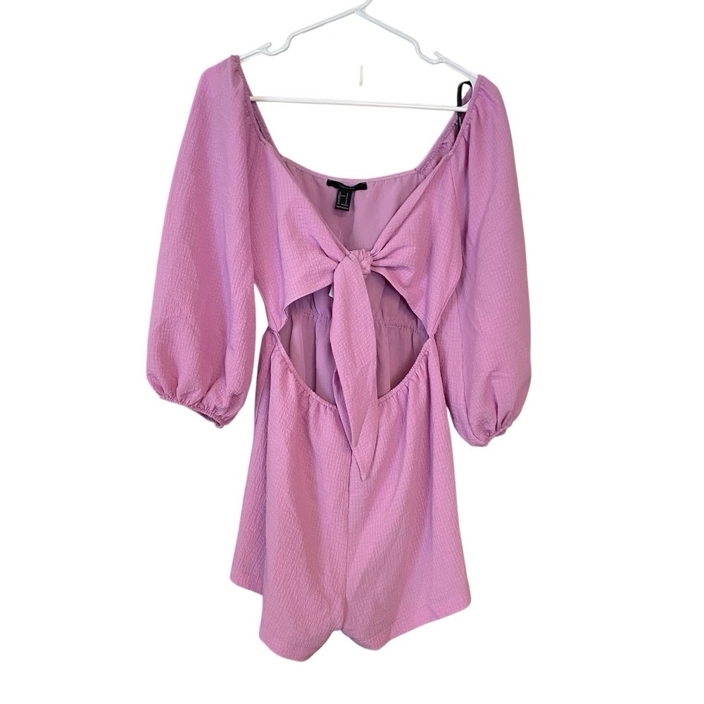 Forever 21 Romper With A Tie Front Cut Out Waist Puff Sleeves Size S Purple NWT
